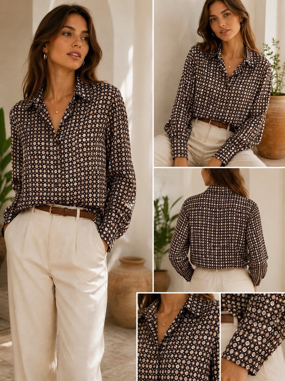 Rafaella Women’s Brown Geometric Print Button Front Blouse Size 10